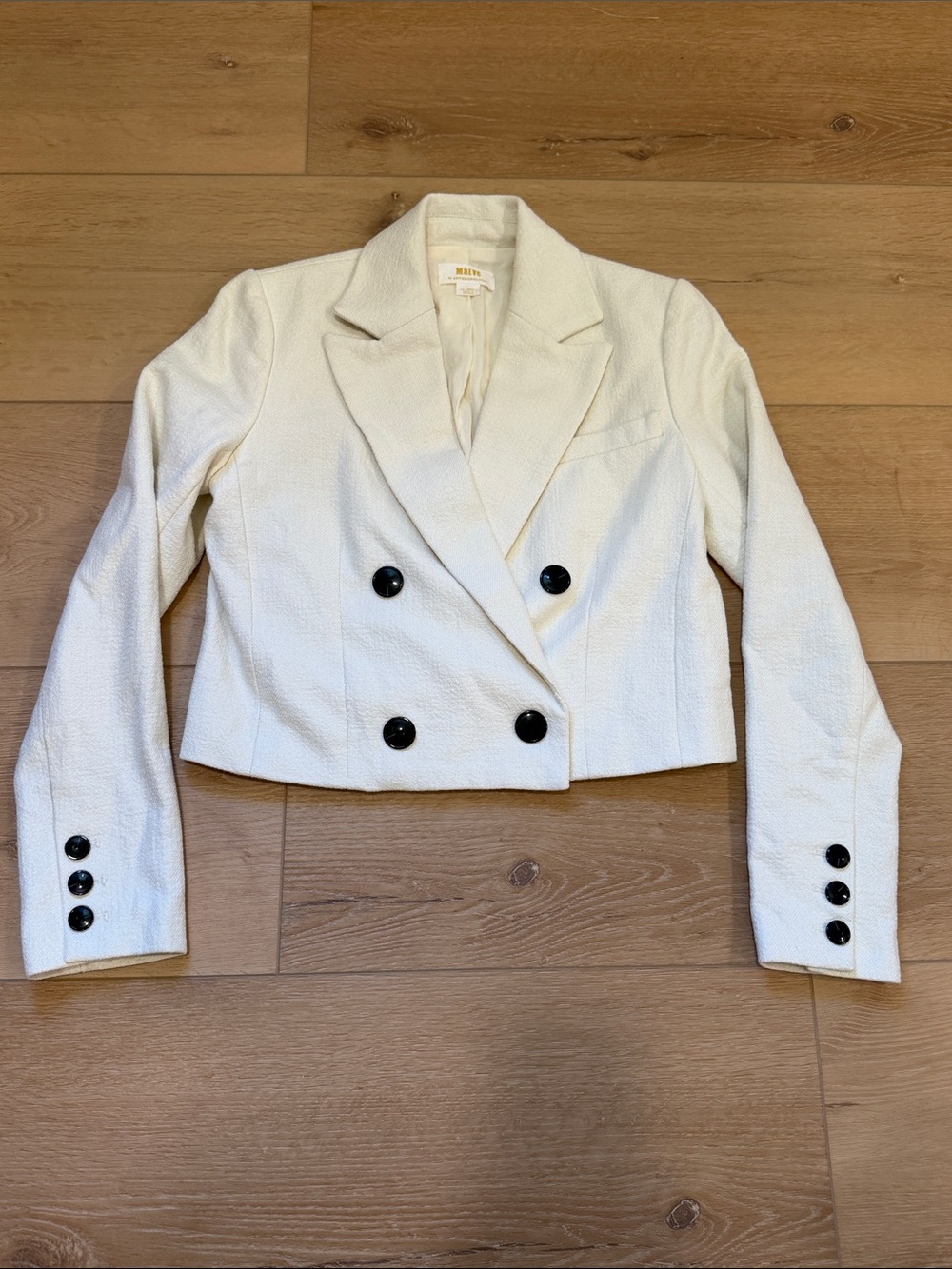 Maeve by Anthropologie Cream Cropped Double-Breasted Blazer with Black Buttons